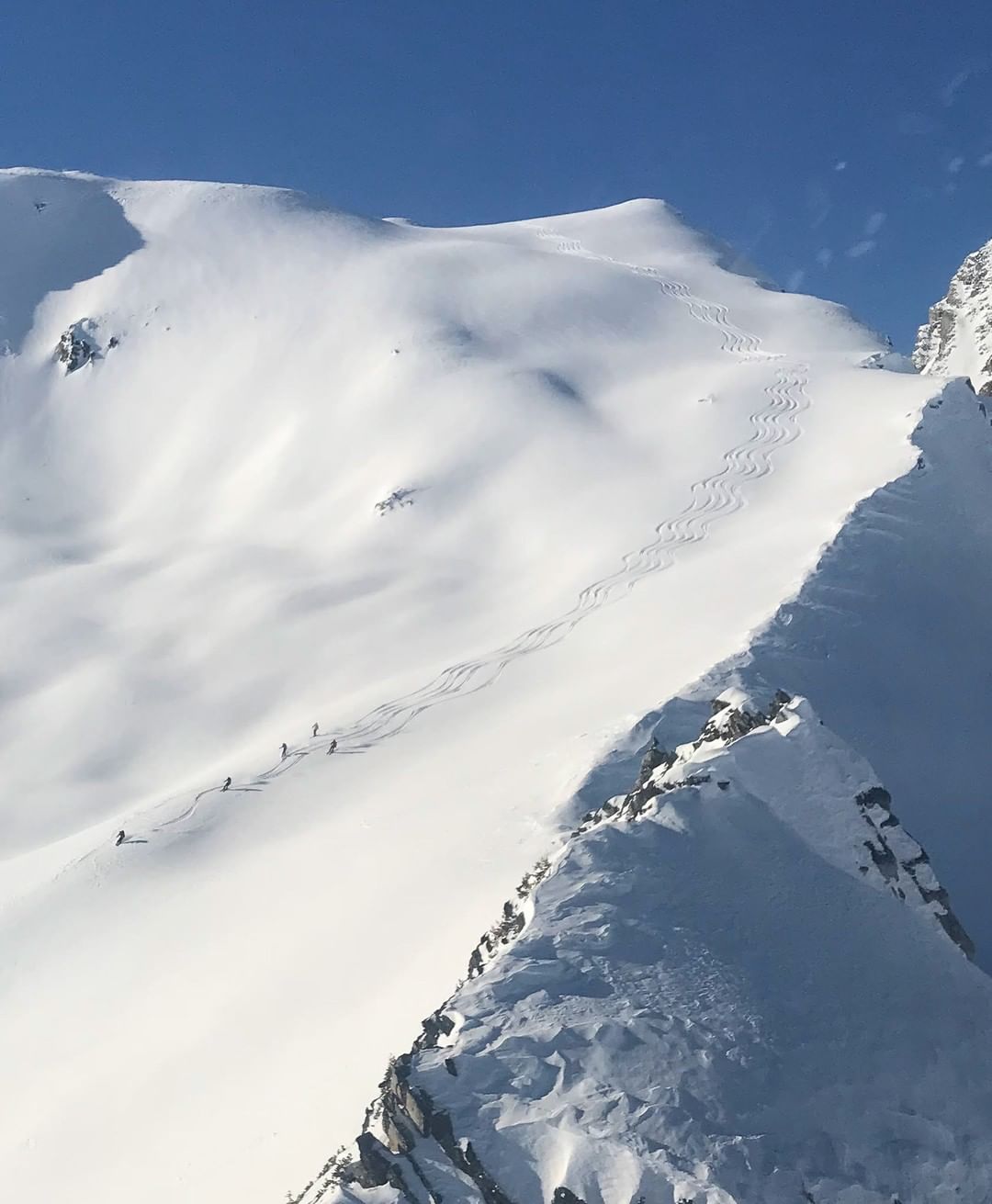 Aerial view of skiiers and ski tracks coming down a white mountainside