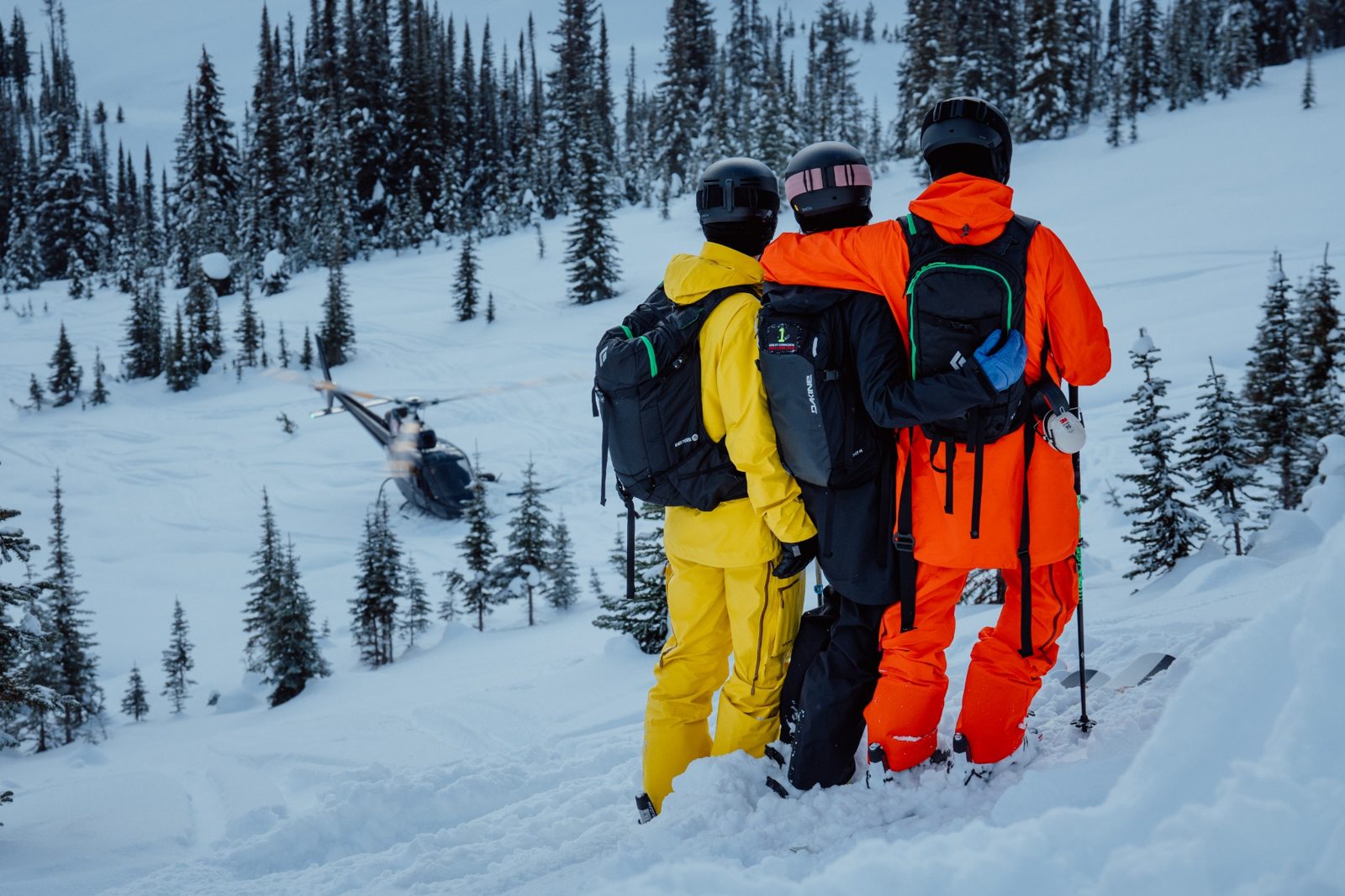 Three heliskiers overlooking a helicopter landing in a snowy alpine forest