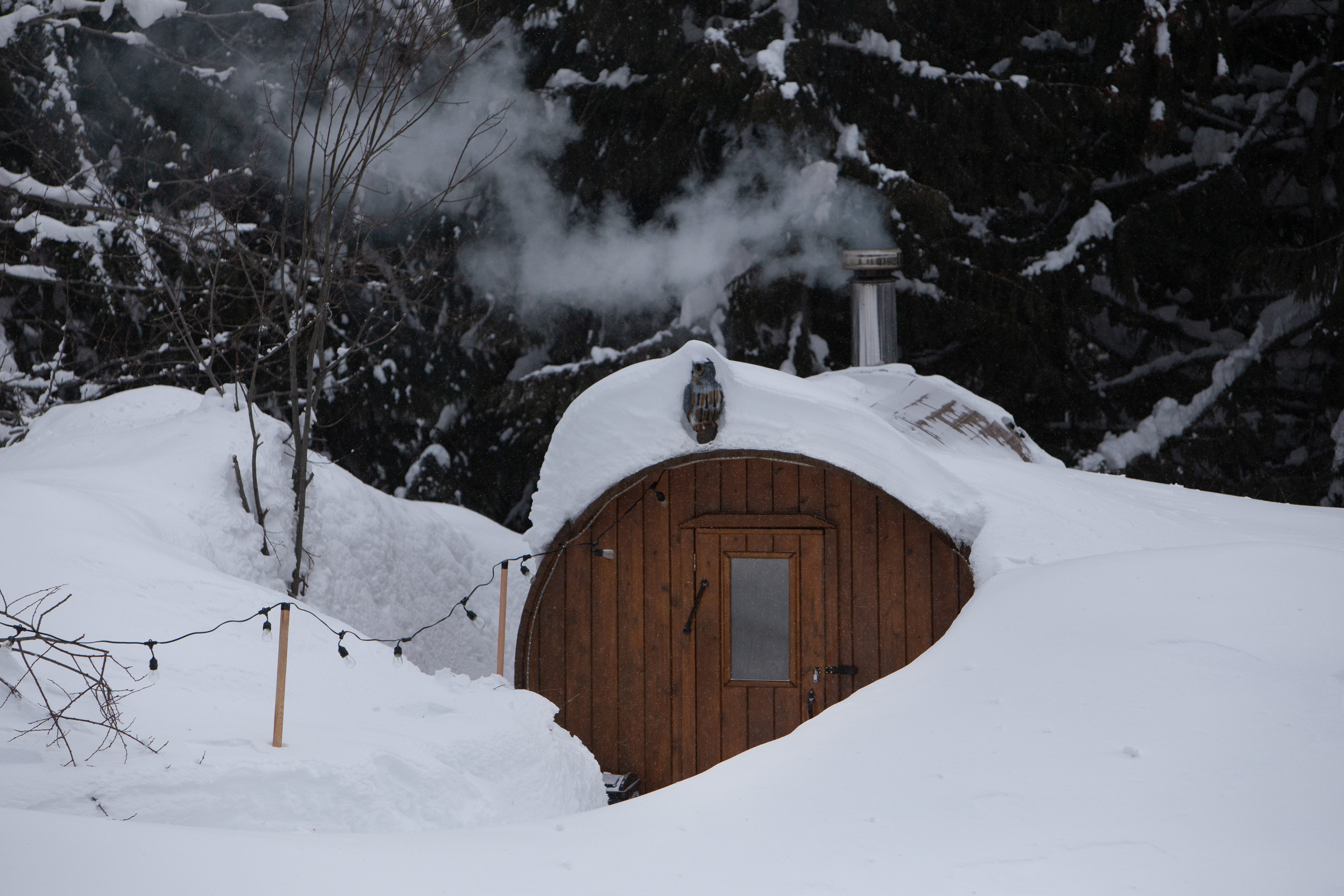 Winter setting with wood burning sauna