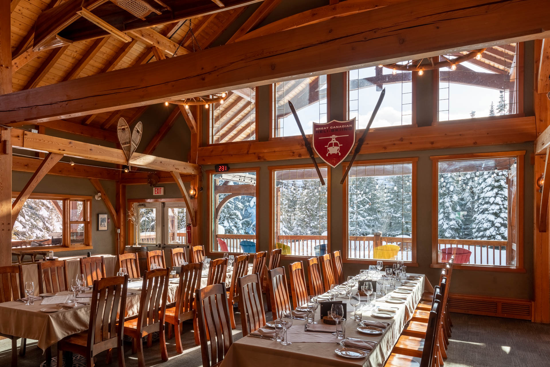 Heli ski lodge dining room with winter setting