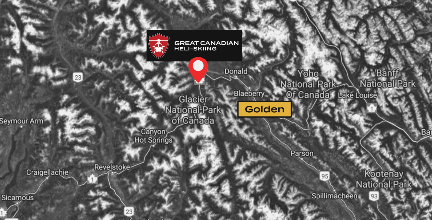 Map of Golden in relation to Great Canadian Heli-Skiing