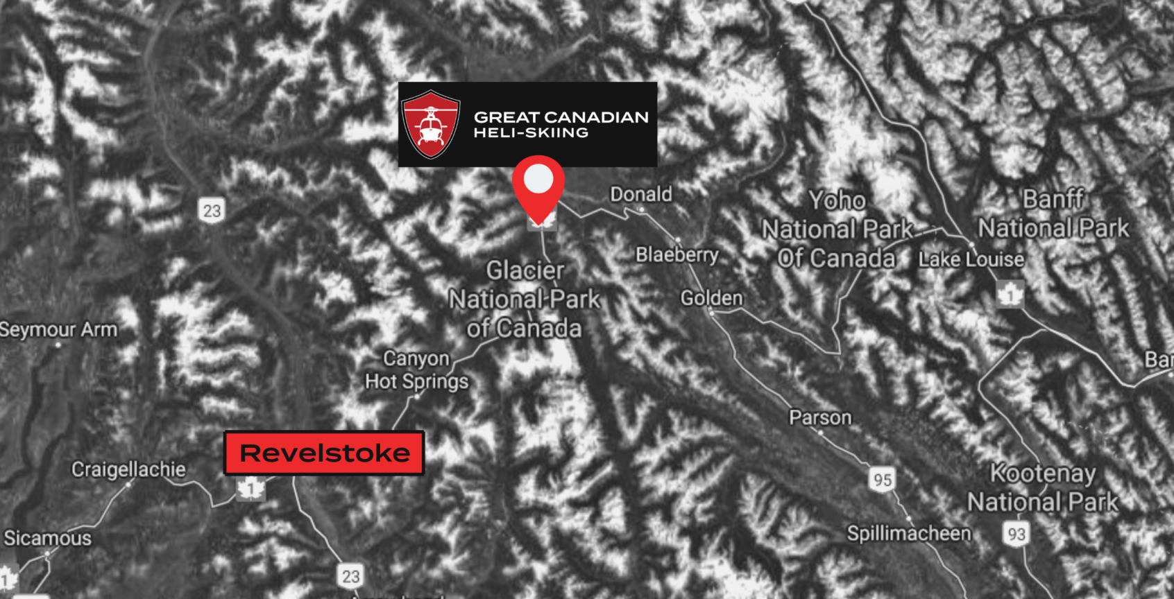 Map of Revelstoke in relation to Great Canadian Heli-Skiing